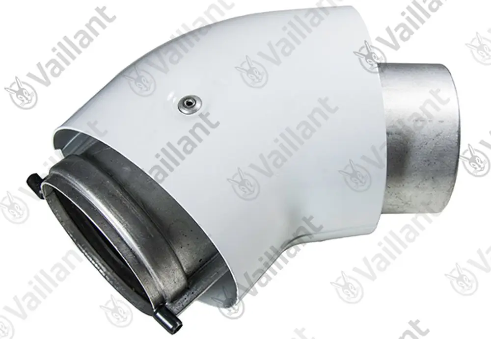 Vaillant Bogen, 45 Grad, mit metallischen und weißen Komponenten, ausgestattet mit einer Befestigungsklemme und einem Anschluss.